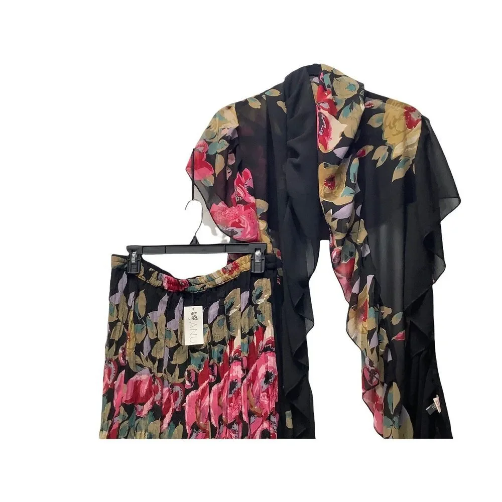 ANU Skirt with Scarf Wrap Black Rose Floral‎ Elastic Waist 2 Layer Boho Lace NWT